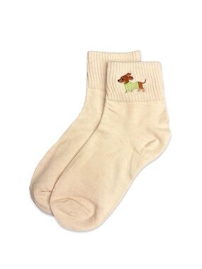 Dachshund Wiener Dog Embroidered Low Crew Socks Cream Ivory One Size
